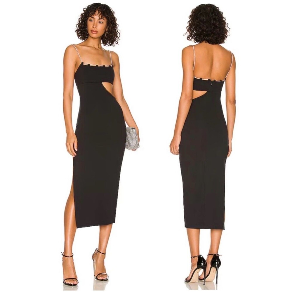 Lovers + Friends Charlotte Midi Dress Black XS Crystal Cutout Cocktail Revolve